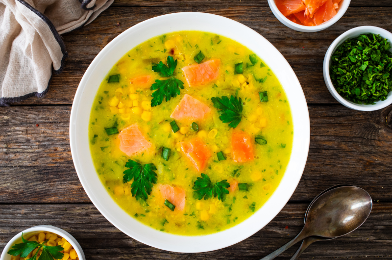 CREAMY SALMON & CORN SOUP WITH FRESH HERBS