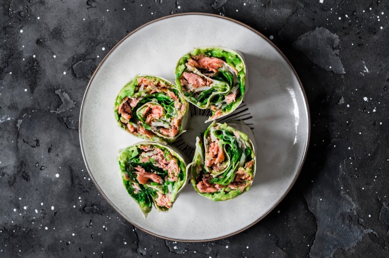 Baked Salmon and Avocado Tortilla Rolls