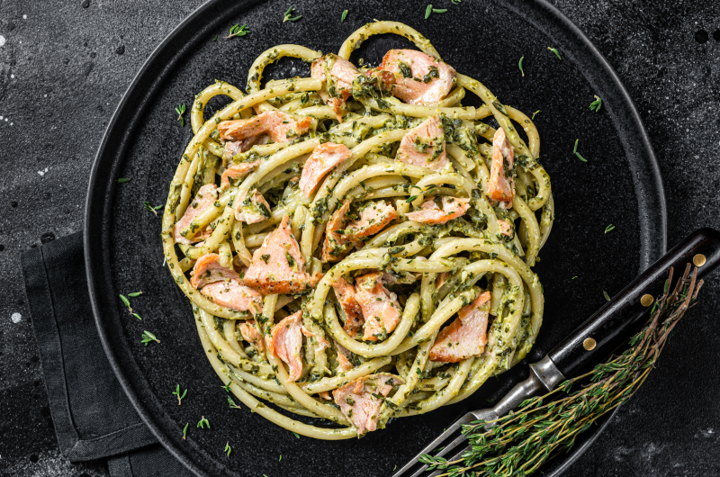 Creamy Salmon Bucatini with Pesto