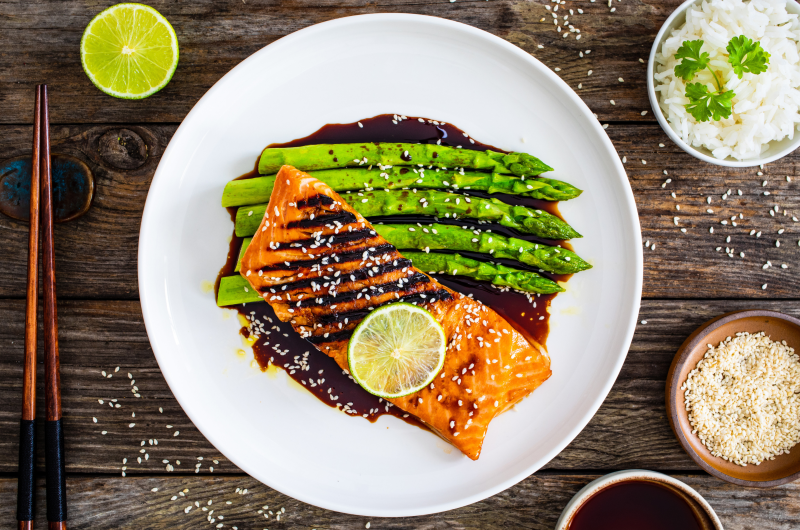 GRILLED SALMON WITH TERIYAKI GLAZE & ASPARAGUS