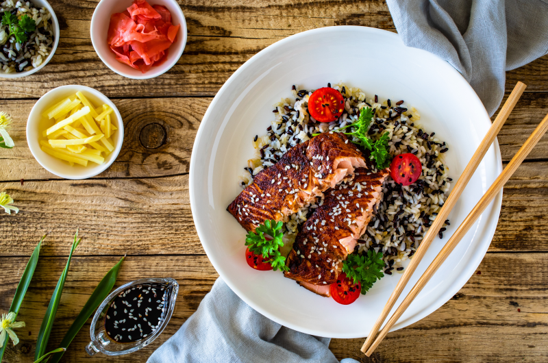 TERIYAKI SALMON BOWL WITH WILD RICE