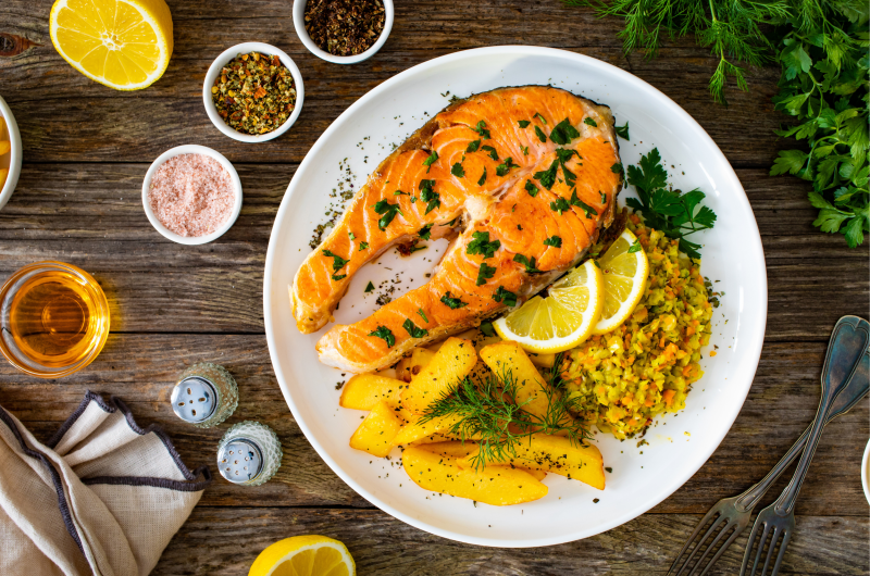 FRIED SALMON WITH FRIES & VEGETABLE SALAD