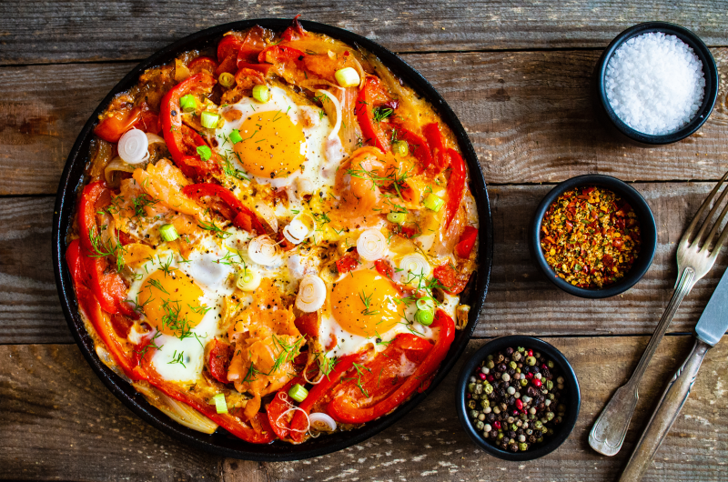 SALMON SHAKSHUKA WITH FRIED EGGS